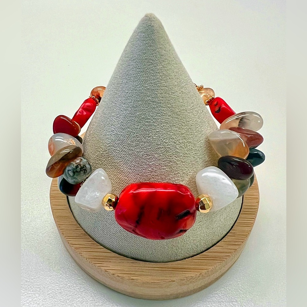 Red Coral, Milky Quartz, Carnelian 8” Women’s Bracelet